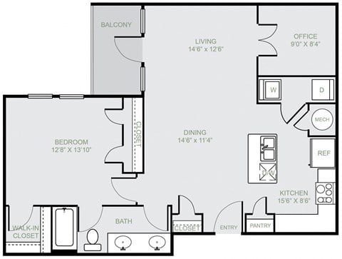 Floor plan for 1 bed, 1 bath, 1006 sqft